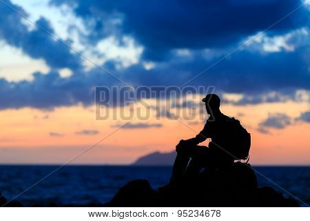 Hiking Silhouette Backpacker, Man Trail Runner In Mountains