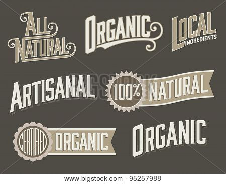 Set of 6 Organic, Natural Food Labels with vintage look