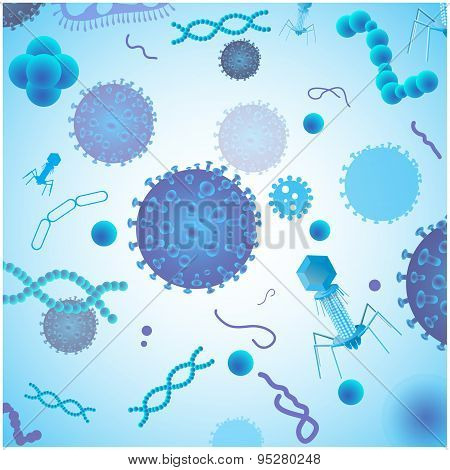 Blue virus cells, bacteria and DNA. Vector illustration.