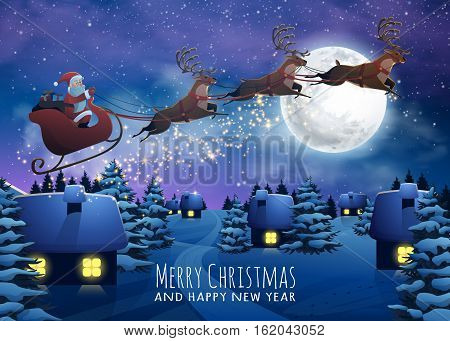 Santa Claus Flying on a Sleigh with Deer. Christmas houses in snowfall night. Merry Christmas and Happy New Year card. Winter village xmas poster. Vector Illustration Background in Cartoon Style.