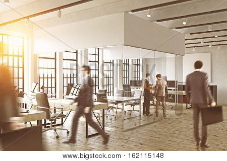 View of business people walking in a glass office. Busy office. Concept of office life. 3d rendering. Toned image. Mock up