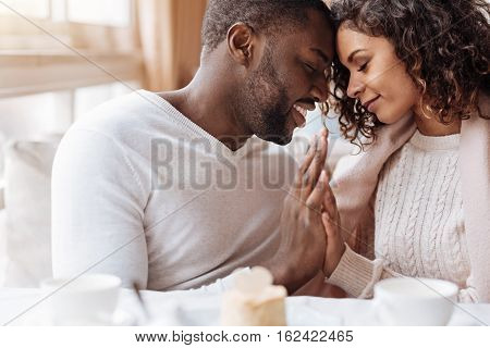 Peacefulness in us. Delighted peaceful positive African American couple sitting in the cafe and touching hands of each other while expressing peacefulness and love