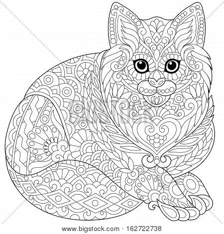 Stylized cute cat (young kitten). Freehand sketch for adult anti stress coloring book page with doodle and zentangle elements.