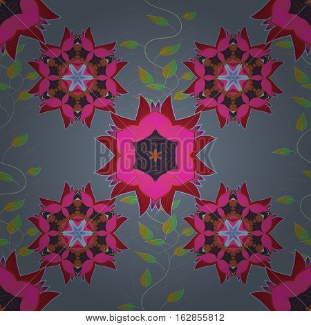 Oriental Seamless Pattern Of Mandalas. Vector Blue Pink And Grey Background. Radial Gradient Shape.