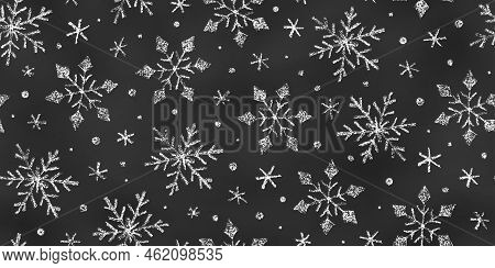 Seamless Pattern Of Chalk Drawn Sketches Snowflakes On Chalkboard Backdrop. Stylized Grunge Endless 