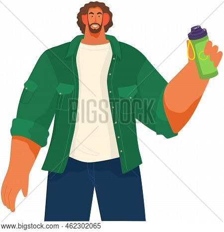 Portrait Of Smiling Man Saying Hello Holding Bottle With Water In Hand. Hi Or Bye Gesture. Happy Guy