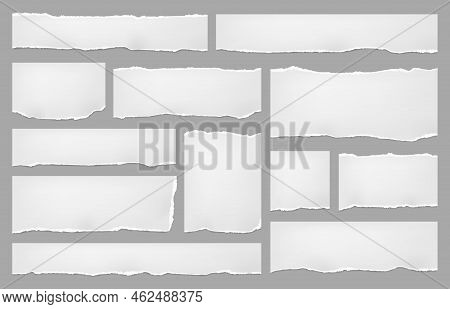 White Torn Paper Sheets, Notes With Rip Edges And Page Scrap Pieces, Vector. Torn Paper Strips, Note