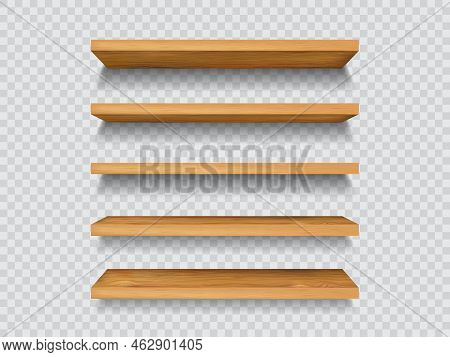 Wooden Shelf, Wood Shelves Or Bar Stands And Supermarket Displays, Realistic 3d Vector. Bookshelf Mo