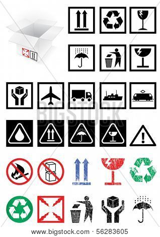 Vector illustration set of different packing symbols, e.g. fragile, recycle. All vector objects and details are isolated and grouped. Colors and transparent background are easy to adjust.