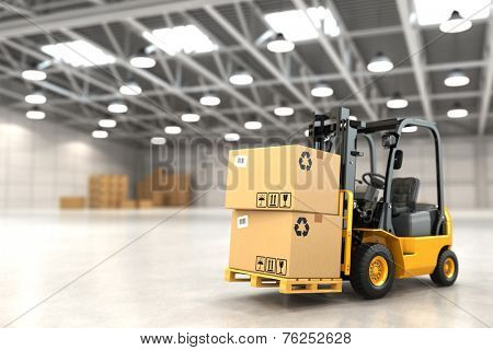 Forklift truck in warehouse or storage loading cardboard boxes. 3d