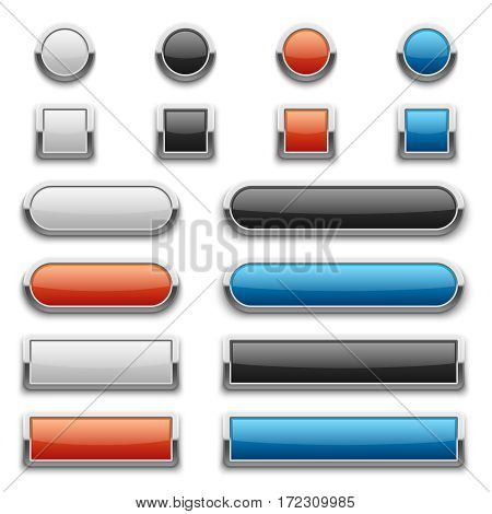 Vector red, blue, black and white glossy buttons with shiny metal frame. Illustration of design metal button, set of glossy buttons for web design