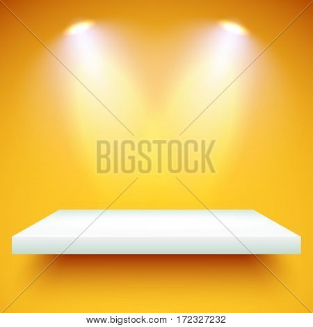 Empty white shelf hanging on a yellow wall illuminated by two spotlights. Vector background with boutique showcase or interior decoration furniture. Mockup ready for your design. Vector illustration.