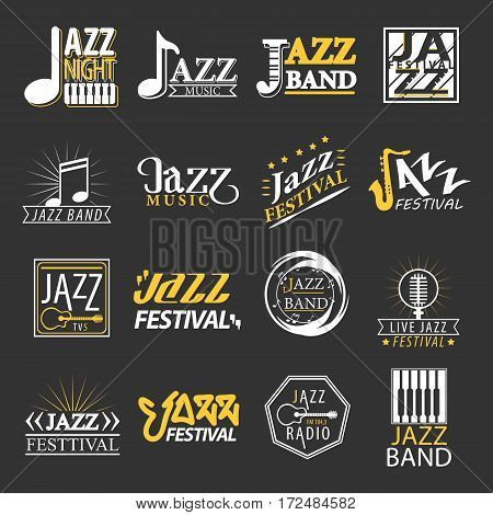 Jazz festival logos set isolated on black background. Jazz festival logotypes, advertisement emblems with musical symbols for jazz music promotion. Vector illustration of labels for jazz brand