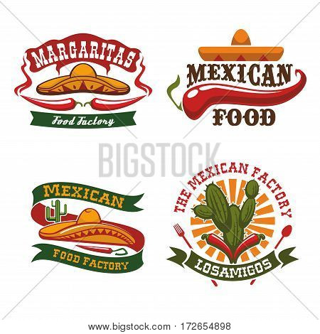 Mexican cuisine vector icons of sombrero hat, chili pepper jalapeno and agave cactus symbols for Mexico fast food snacks of burrito, tacos or tortillas, nachos and tequila bar or restaurant snacks