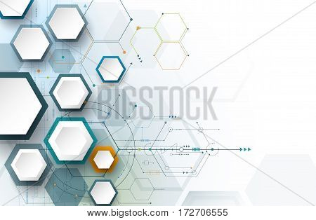 Vector illustration circuit board and 3d paper hexagons background. Hi-tech digital technology and engineering digital telecom technology concept. Vector abstract futuristic on white gray color background