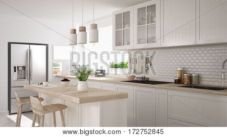 Scandinavian Classic Kitchen With Wooden And White Details, Minimalistic Interior Design