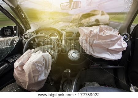 Car Of Accident Make Airbag Explosion Damaged.