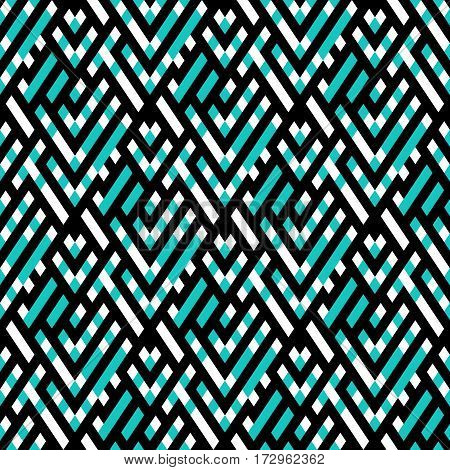 Abstract ethic geometric pattern with maze, diagonal stripes and lines in mint green and white. Op art seamless geometric background. Simple tribal bold print with ethnic african and moroccan motif