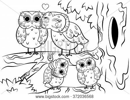 Printable Coloring Page Outline Of Cute Cartoon Owl Family Sitting On Tree Near The Hollow. Vector I