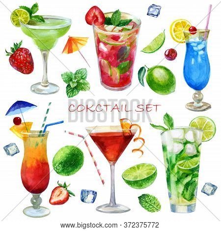 Watercolor Illustration Set. Image Of Glasses With Sex Cocktails On The Beach, Mojito, Margarita, Co