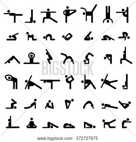 Yoga Stick People. Sport Exercises Flexible Person Different Basic Yoga Poses Symbols Vector Silhoue