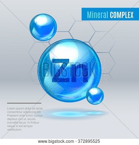 Mineral Zn Zink Blue Shining Pill Capcule Icon . Mineral Vitamin Complex With Chemical Formula . Shi