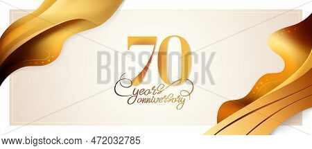 70 Years Anniversary Vector Logo, Icon. Graphic Element With Golden Color Wavy Ribbon For 70th Anniv