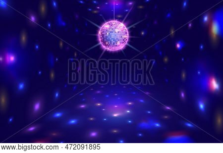 Disco Ball Rays. Dance Floor Room With Mirror Ball Reflections, Night Club Stage Lights And Party Ve