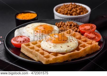 Delicious Hearty Breakfast Consisting Of A Fried Egg, Belgian Waffle