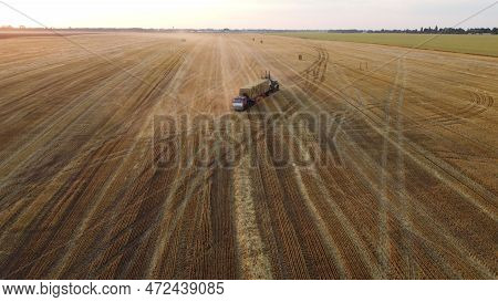 Collecting Gathering Stacks Of Straw In Wheat After Harvest Field, Loading On Truck And Transporting