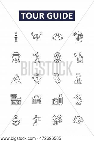 Tour Guide Line Vector Icons And Signs. Guide, Escort, Guidebook, Guidepost, Pilot, Mentor, Explorer