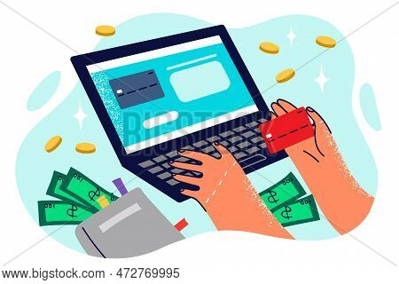 Hands Of Person Doing Online Shopping Through Laptop Entering Credit Card Details To Make Payment. O