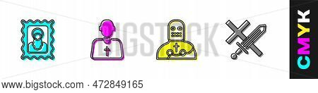 Set Christian Icon, Priest, Knight Crusader And Crusade Icon. Vector