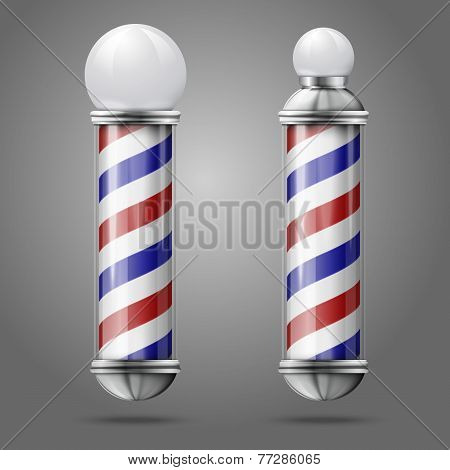 Two different old fashioned vintage silver glass barber shop poles with red, blue and white stripes.