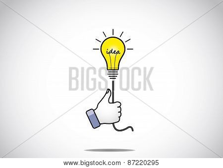 Bright Glowing Yellow Idea Solution Light Bulb Held By Young Human Victory Winning Thumbs Up Hand Ge