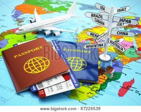 Travel or tourism concept. Passport, airplane, airtickets and destination sign on the map. 3d