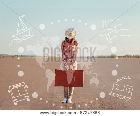 Tourist Girl Standing With Suitcase On Road