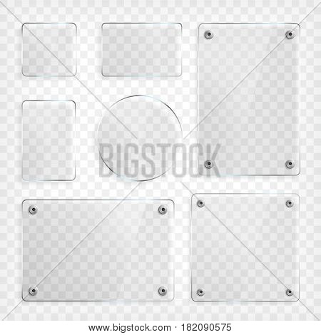 Transparent Glass plates set. Square shape, rectangle and round circle. See through mock up with mounts. Plastic banners with reflection and shadow. Photo realistic vector illustration