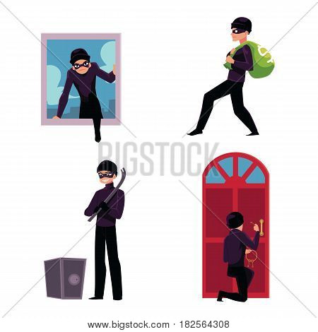 Set of thief, robber, burglar trying to steal money, break in the house, open safe, run away, cartoon vector illustration isolated on white background. Burglar, thief, robber in mask and black suit