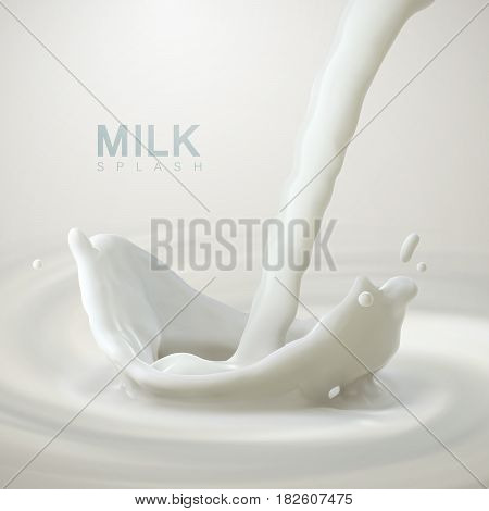 Pouring milk crown splash on swirling whirlpool creamy background. Vector 3d illustration for food dairy product or cosmetics ad poster