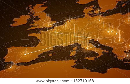 Europe orange map big data visualization. Futuristic map infographic. Information aesthetics. Visual data complexity. Complex europe data graphic visualization. Abstract data on map graph.