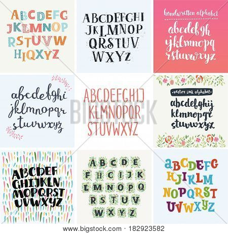 Vector set of four difference english Alphabets. Cute colorful vector English alphabet, vintage font, funny hand written font and capital ABC. Lowercase and uppercase letters