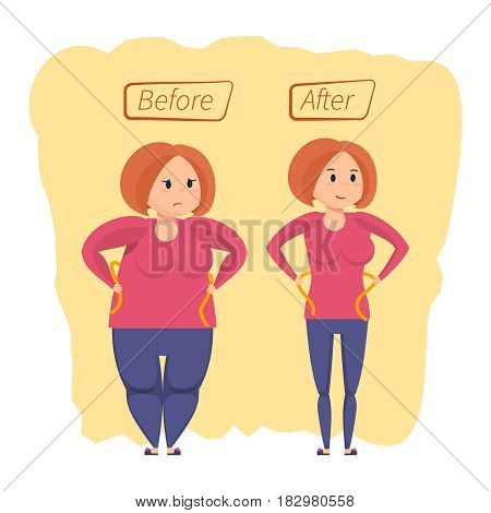 Fitness classes and weight loss concept. Girl before and after weight loss. Active sports and slimming girl with pretty face standing on scales and is happy new figure. Vector illustration isolated