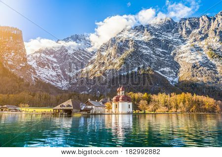 Lake Königssee With St. Bartholomä Pilgrimage Church In Fall, Bavaria, Germany