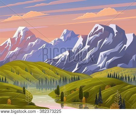 Natural Landscape Background With Mountains, Clear Sky And Clouds, The River Flows Along The Forest 