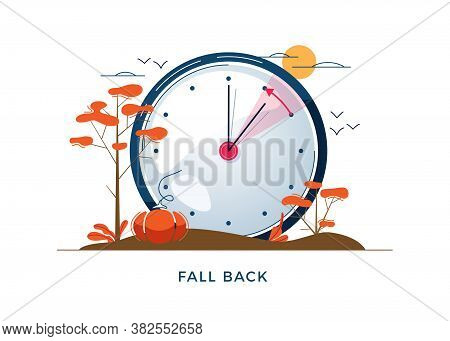 Daylight Saving Time Concept. Autumn Landscape With Text Fall Back, The Hand Of The Clocks Turning T