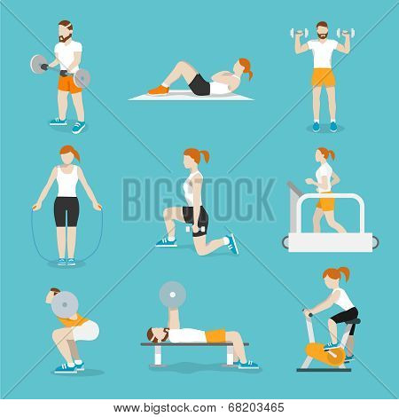 People gym exercises icons set