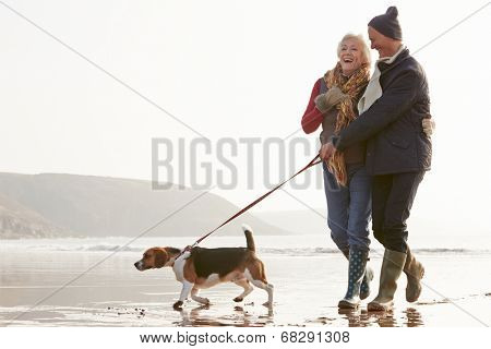 Senior Couple Walking Along Winter Beach With Pet Dog