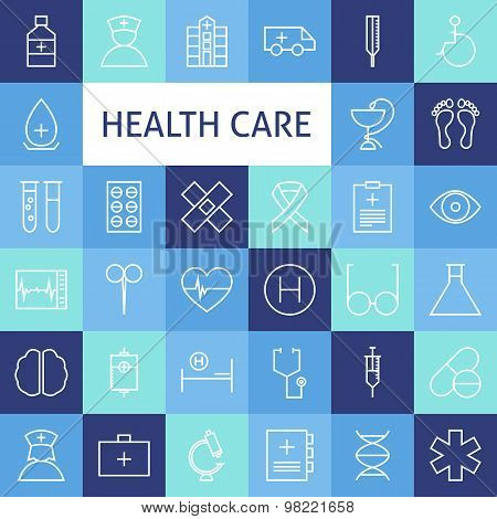 Vector Flat Line Art Modern Healthcare And Medicine Icons Set