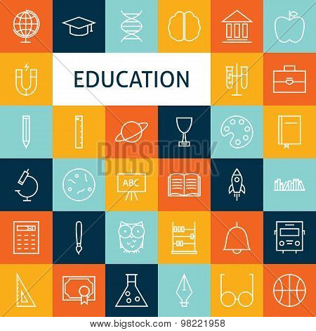 Vector Flat Line Art Modern School And Education Icons Set